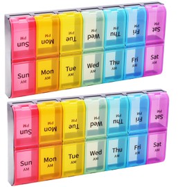 Greencycle Weekly 7 Day Pill Organizer 2 Times A Day Moisture-Proof Large Pill Cases Pill Box Design for Vitamins Fish Oil Compartments Supplements Great for Portable Travel (Rainbow, 2 Pack)