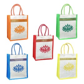 Eco-Friendly Jute Bags with Lotus Print - 10" x 8" - Beach Bag, Reusable & Biodegradable - Perfect for Gifts, Return Gifts, Indian Gift Bags, Puja Return Gifts, Wedding Favors, Wedding Welcome Bags,