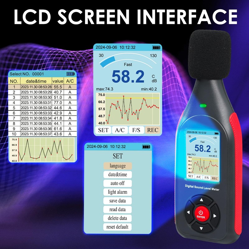 Sound Level Meter Decibel Meter Data Logger with A/C Frequency