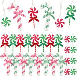 Pack of 24 Candy Cane Christmas Tree Decorations, Red Green Christmas Candy Decorations with Bow Candy Christmas Tree Hanging Ornaments with Rope for Home Party Chriatmas Tree Decorations (Red Green)