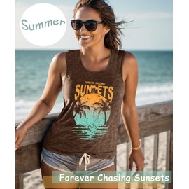 Womens Summer Vibes Beach Vibes Tank Tops Novelty Forever Chasing Sunsets Letter Print Casual Sleeveless Beach Outfit Tops Family Holiday Vacation Matching Clothings,Brown L