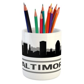 Lunarable Baltimore Pencil Pen Holder, Eastern American Style Skyline Silhouette Illustration and City Name, Ceramic Pencil Holder for Desk Office Accessory, 3.6" X 3.2", White and Charcoal Grey