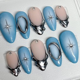 24Pcs Silver French Tip Press on Nails Medium Almond Fake Nails Star with Rhinestones Glitter Designs Artificial Blue Full Cover Acrylic Glue on Nails Y2K False Nails for Women Daily Wear Decorations