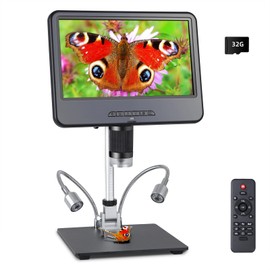Koolertron 10.1"IPS LCD Digital Microscope 8 LED Lights&2 Fill lights,USB Electronic Microscope Camera with Remote Control and 32G TF Card,Adjustable Metal Stand Microscope for Coin/Plant/Insect/Skin