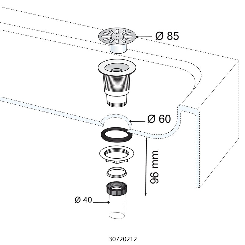 Wirquin SP411C Shower Plughole Vertical Outlet Screw-On Diameter 60 mm