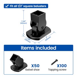 Muzata 50Pack Iron Baluster Shoes Swivel Shoes with Screws for 1/2" Square Metal Balusters Spindle for Staircase Black Adjustable Angle Swivel Shoes WT39