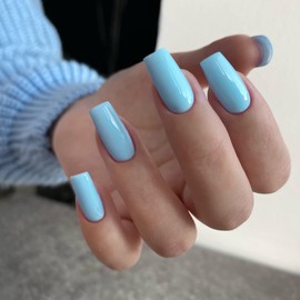 Coffin Press on Nails Medium Long Square Nails Press on,KQueenest Light Blue Glue on Nails Long Fake Nails Opaque Stick on Nails for Women Thick Acrylic Nails Set Solid Square Tip Nails