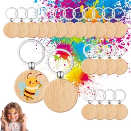 Xinlon Pack of 24 Wooden Keyrings, Blank DIY Wooden Key Chain, Key Ring Blanks Wood Round, Key Ring Wood Blank for Sculpture Crafts Painting Decorating
