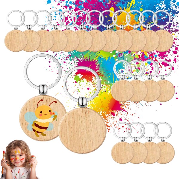 Xinlon Pack of 24 Wooden Keyrings, Blank DIY Wooden Key