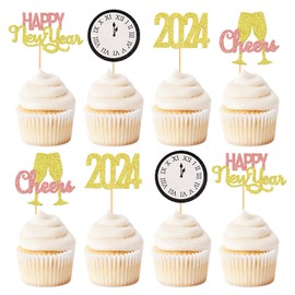 Keaziu - Juego de 24 adornos para magdalenas de feliz año nuevo, diseño de 2024 con diseño de abalorio regresivas para felicitaciones 2024, feliz año nuevo, día festivo, decoración de fiesta, color blanco