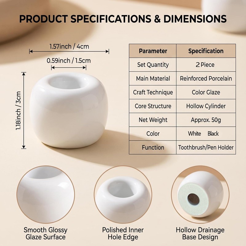 2 Pcs Mini Round Ceramic Toothbrush Holder (White+Black)