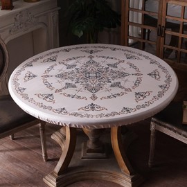 Artbloss Round Fitted Tablecloth with Elastic Black White Boho Waterproof Table Cover Wipeable Moroccan Table Protector for Fall Patio Outdoor Picnic Kitchen Holiday (Black, 46"-56" Round Tight Fit)