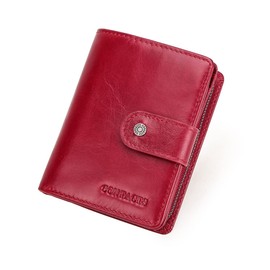 Contacts Womens Bifold Wallet Leather Small Zipper Purse for Women Coin Pocket Lady ID Window Card Holder RFID Blocking Red Wallet