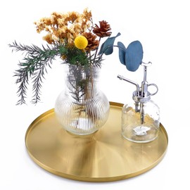 FREELOVE Brass Gold Serving Tray, Circle Round Decorative Platter, Metal Brushed Decor Plate, 12 inch Golden Circular Server, Decoration for Bar Vanity Bathroom Candle Food Display Coffee Table Top