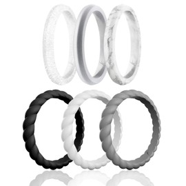 ROQ Silicone Wedding Ring For Women, Affordable Braided Point Stackable Silicone Rubber Wedding Bands - Medical Grade Silicone - Black, White, Grey, Silver, Marble Colors - Size 7