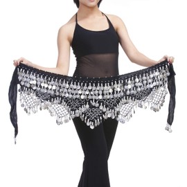 Saymequeen Belly Dancing Dance Waist Chain Hip Scarf Skirt Belt with 320 Coins (black & Silver coins)