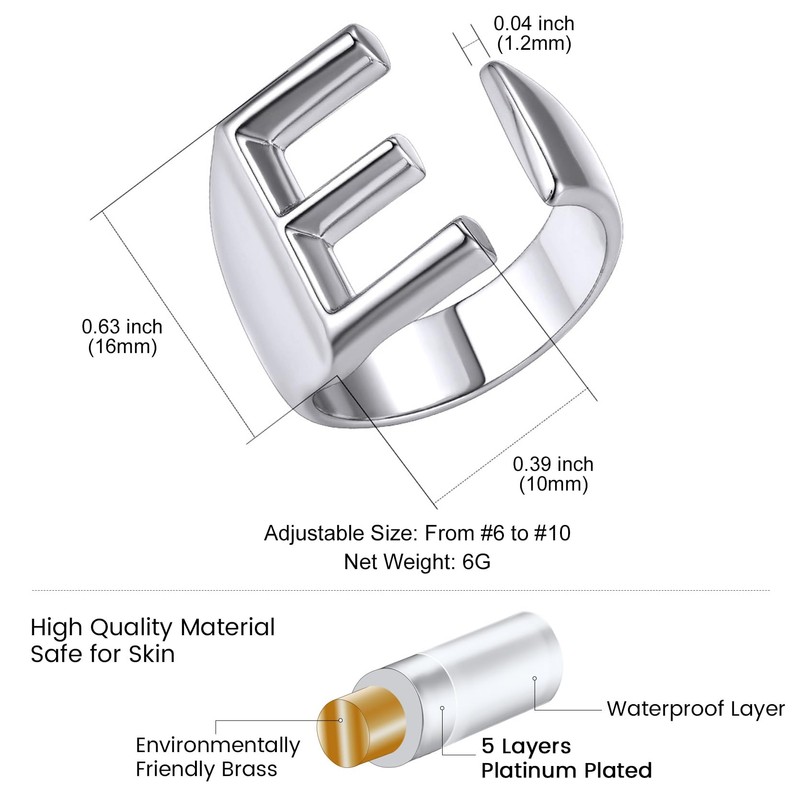 KeyStyle Initial E Ring Alphabet Silver Tone Stacking Ring Adjustable