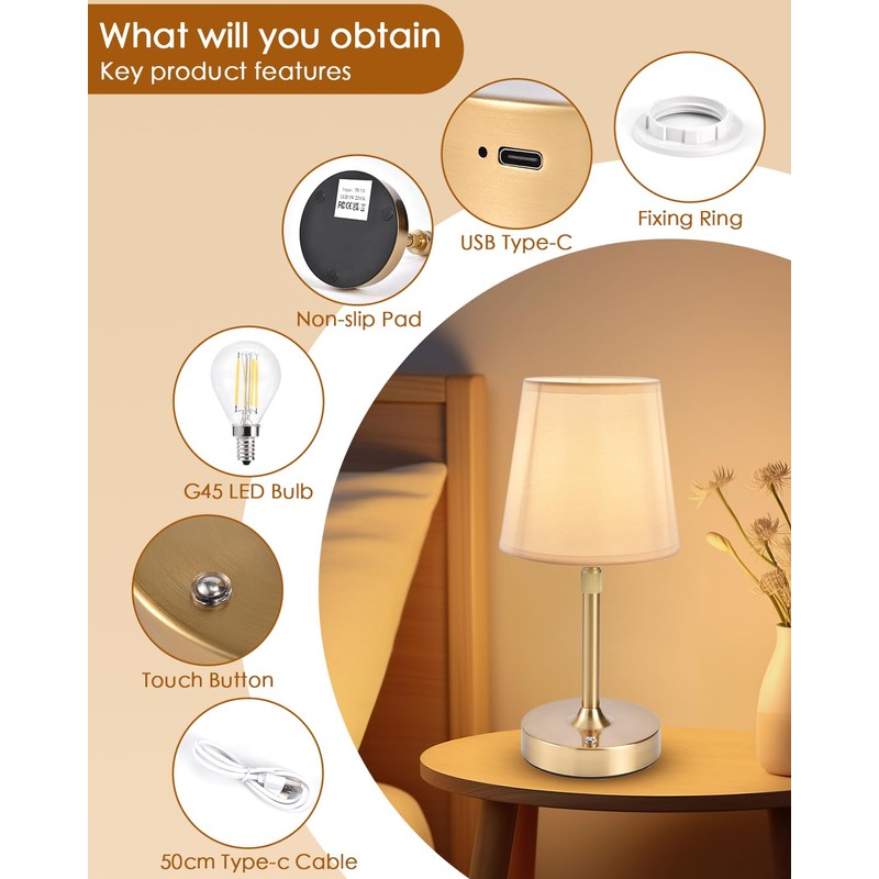 Cordless Table Lamp Rechargeable Touch Gold Mini Small Lamp Adjustable