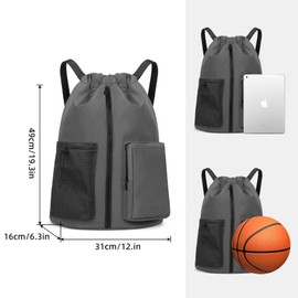 ALUSBELL Sports Drawstring Backpack - Water Resistant String Bag with Front Shoe Compartment Gym Backpack for Women & Men Dark Grey