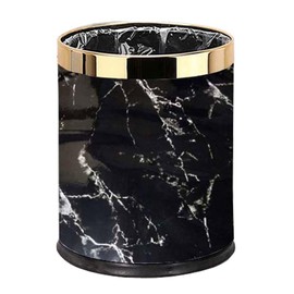 Luxury Metal Waste Bin with Leather Cover,Open Top Office Wastebasket,Double Layer Trash Can,Round Shaped (Black Marble w/ Gold Ring)
