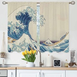 Gpiaoyfo Japanese Style Kitchen Curtains Vintage Great Waves of Kanagawa Artistic Short Tier Curtains for Bathroom Cafe Small Window Drapes Treatment 2 Panels (27.5x39 Inch)