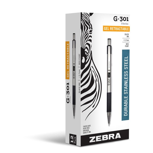 Zebra Pen G-301 Retractable Gel Ink Pen, Stainless Steel Barrel, Medium Point, 0.7mm, Black Ink, 12-Pack