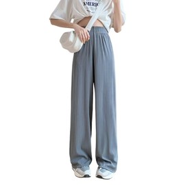 Muaghyee H789 Women's Wide Pants, Loose Fit, Long Length, Relaxed Pants, Gaucho Pants, Elastic Waist, Casual, Solid, Summer, Cooling Pants, High Waist, gray