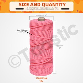 Tanstic 1Pc Pink Macrame Cord, 3mm x 109 Yards Colored Cotton Cord Macrame Rope, Cotton Rope Macrame Yarn Craft Cord for DIY Crafts, Plant Hangers, Knitting