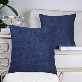 CaliTime Pack of 2 Cozy Throw Pillow Covers Cases for Couch Sofa Home Decoration Solid Dyed Soft Chenille 18 X 18 Inches Navy Blue