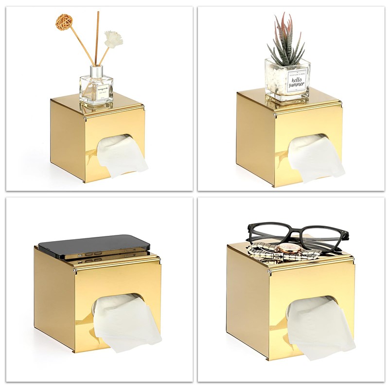 BTSKY Gold Square Tissue Box Cover - Cube Stainless Steel