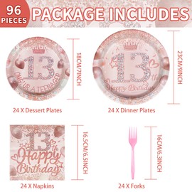 96 Pcs 13th Birthday Party Supplies 350 GSM Rose Gold 13 Years Old Birthday Party Plates And Napkins Tableware Set Happy 13th Birthday Decorations for Girls Teenager Thirteen Birthday Party Serve 24