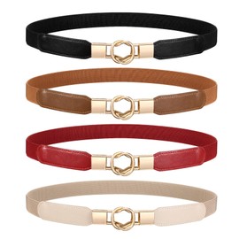 WERFORU Elastic Belt, Women's Skinny Belt for Dresses, Retro Stretch Waist Belt, Thin Belt with Buckle, Pack of 4, E-Black+Brown+Beige+Red