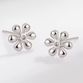 Cute Mini Flower Cubic Zirconia Stud S925 Sterling Silver Earrings for Women Small Tiny Daisy Dainty Studs Hypoallergenic Minimalist Cartilage Tragus Post Piercing Earring Fashion Jewelry Gifts for