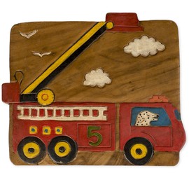 Sea Island Imports Red Fire Truck Design Hand Carved Acacia Hardwood Decorative Short Stool