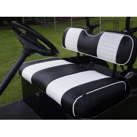 Huskey 4PCS Golf Cart Front/Rear Seat Covers for EZGO TXT 2014+, Valor Gas and Electric Models Custom Fit Two-Tone Black with White Stripe & Piping, Marine Grade Vinyl, Staple On Design.