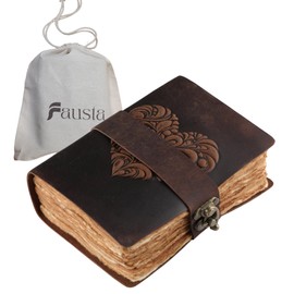 Fausta Beautiful Heart Embossed Vintage Leather Journal with Antique Brass Lock Belt 240 Pages 7" x 5" Writing Leather Journal/Notebook, Deckle Edge Cotton Paper Diary, Sketchbook for Drawing, Brown