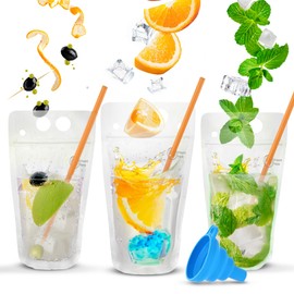 UTILE 30PCS Drink Pouches for Adults with Individually Wrapped Colorful Straws, Reclosable Zipper Smoothie Drink Bags with Multiple Texts – Heavy Duty Hand Held Translucent with Funnel Included