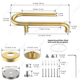𝐔𝐩𝐠𝐫𝐚𝐝𝐞𝐝 Toilet Grab Bars 16 Inch - Toilet Paper Holder Grab Bar Stainless Steel Knurled Toilet Grab Bars for Seniors Bathtub Bathroom Rails for Elderly Bath Safety Balance Support, Gold