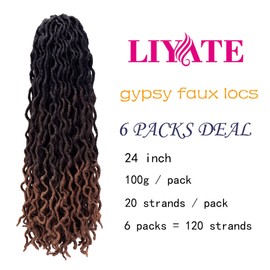 24 Inch Goddess Faux locs Crochet Hair 6 Packs/Lot Soft Gypsy Locs Wavy Crochet Braids Dreadlocks 3 Tone Curly Wavy Twist Braiding Hair Extensions African Roots Braid（1B/4/30)