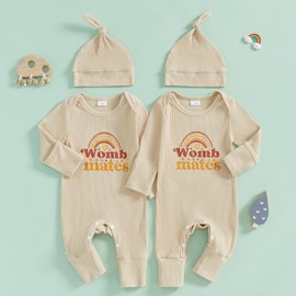 YOKJZJD Newborn Baby Girl Boy Twins Matching Outfits Womb Mates Knitted Romper Mitten Cuffs Jumpsuit with Hat Fall Clothes (Apricot, 3-6 Months)