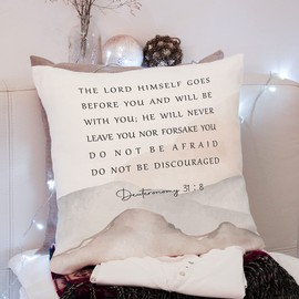 KongMoTree Bible Verse Pillow Cover, Deuteronomy 31:8, Scripture Art Pillow Case for Farmhouse Home Office Bedroom Living Room Porch Decoration, Christian Religious Gift Church Gifts, 18x18 Inches