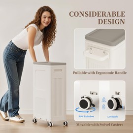 HAIXIN HOME Slim Laundry Hamper with Lid, Rolling Laundry Basket with Wheels, 50L Tall Laundry Basket Plastic Made for Free Standing and Long Use, Handle and Wheels Easy to Transport to Laundry Room