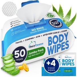 XL Body Wipes for Adults Bathing No Rinse - 50 Ct. + 4 Travel Shower Wipes - 9"x12" Thick Cleansing Bath Wash Sheets for Elderly Incontinence, Men & Women - Camping Essentials Disposable Washcloths