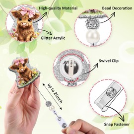 Obookey Cute Highland Cow Badge Reel, Retractable Funny ID Card Badge Holder with Clip, Pink Badges Reel Gifts for Nurse Women Pediatric Nursing Students Teachers Doctor NICU RN CNA LPN Office Staff