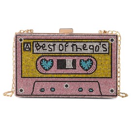 Renabro Women Retro Radio Shape Crossbody Bag Rhinestone Pink Purse Evening Clutch Purses(90s pink)
