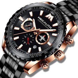 MEGALITH Reloj Hombres Militar Negro: Acero Inoxidable Impermeable Análogo Cuarzo Cronógrafo Manos Luminosas Fecha Reloj de Pulsera para Hombre