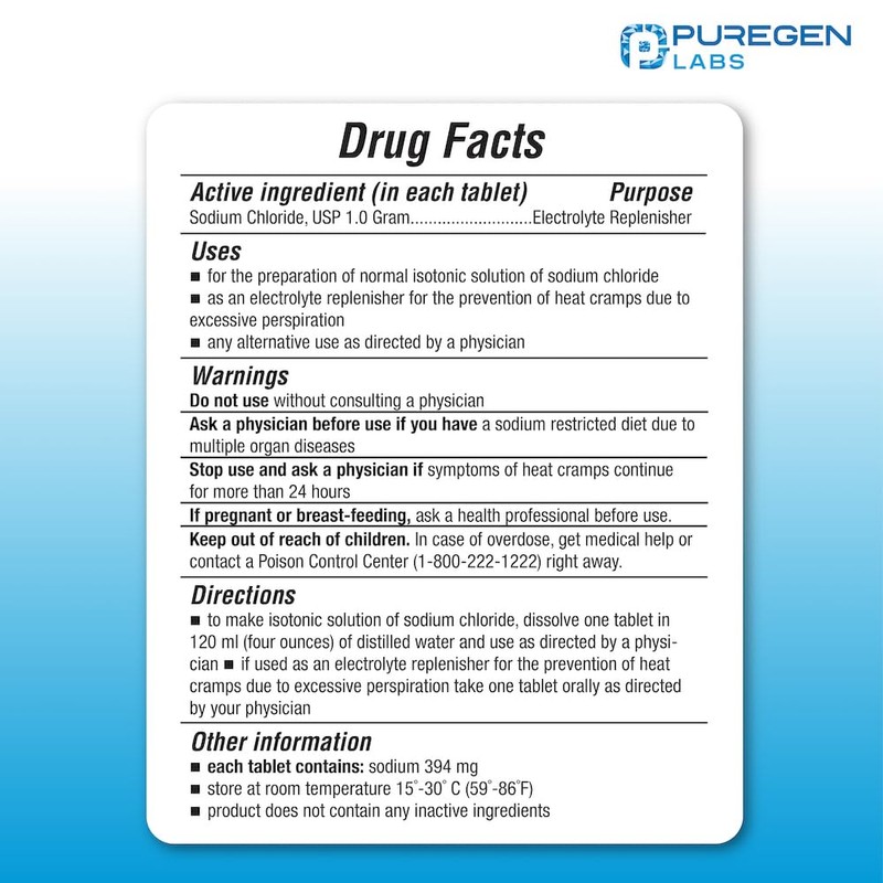 Puregen Labs Sodium Chloride Tablets 1 gm (1000 mg), USP