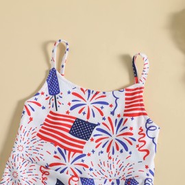 Noubeau Toddler Kids Baby Girl Fourth of July Outfits American Flag Bell-Bottom Romper One-Piece Sleeveless Sling Jumpsuit (White-1, 3-4T)