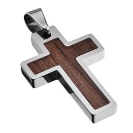 MJ Metals Jewelry Tungsten Carbide Polished Hawaiian Koa Wood Inlay Cross Pendant Necklace w/Narrow 3mm 22" Stainless Steel Cuban Chain