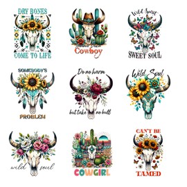 9pcs Flower Cow Skull Cowboy Cowgirl Iron on Transfers Heat Transfer Decals Sunflower Iron on Transfers for T Shirts Sticker for Clothes Pillow Covers DIY Appliques